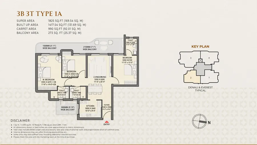 3 BHK Floor Plan Type 1A