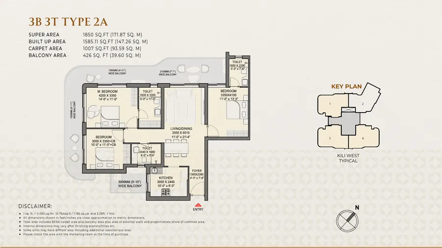 3 BHK Floor Plan Type 2A